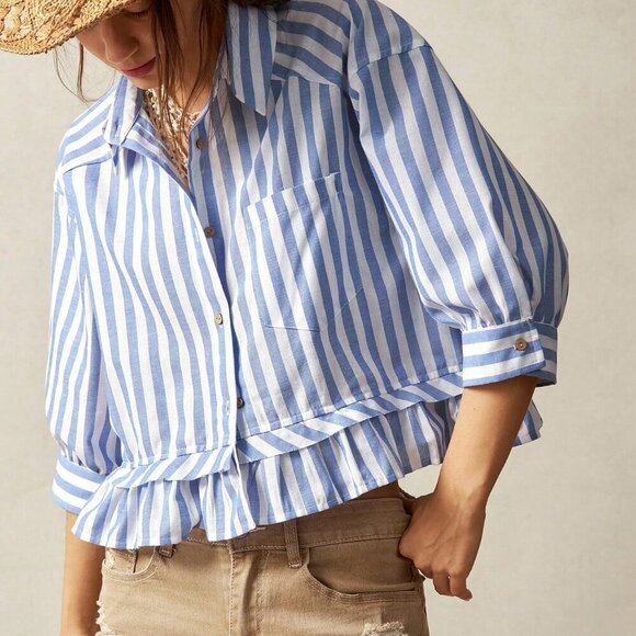 Blue white Casual Women's Vacation Striped Collared 3/4 Sleeve Ruffle top - Picture 2 of 7
